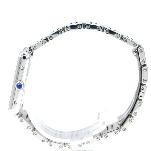 2010 Cartier Tank Solo 3170 Stainless Steel Quartz unisex Watch on Bracelet – White Roman Dial, Blue Hands, Cabochon Crown