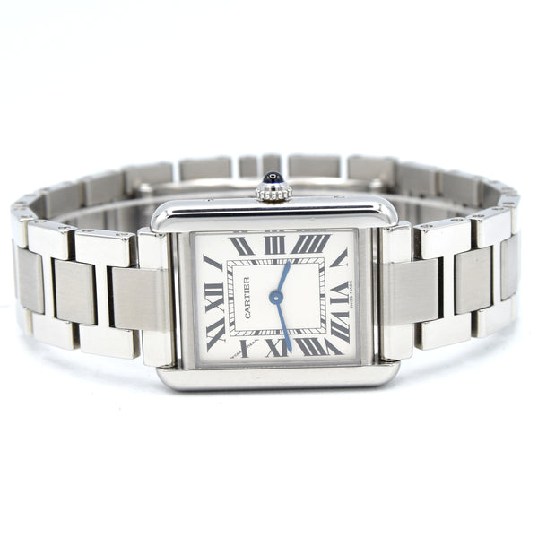 2010 Cartier Tank Solo 3170 Stainless Steel Quartz unisex Watch on Bracelet – White Roman Dial, Blue Hands, Cabochon Crown