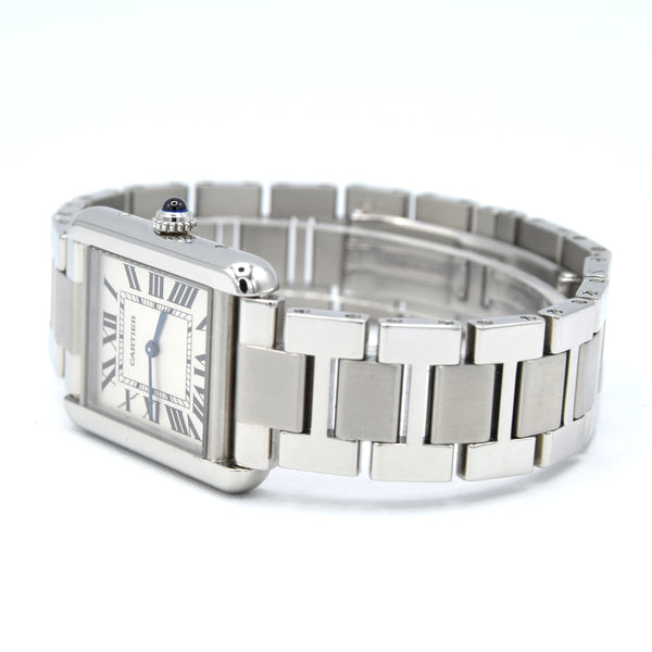 2010 Cartier Tank Solo 3170 Stainless Steel Quartz unisex Watch on Bracelet – White Roman Dial, Blue Hands, Cabochon Crown