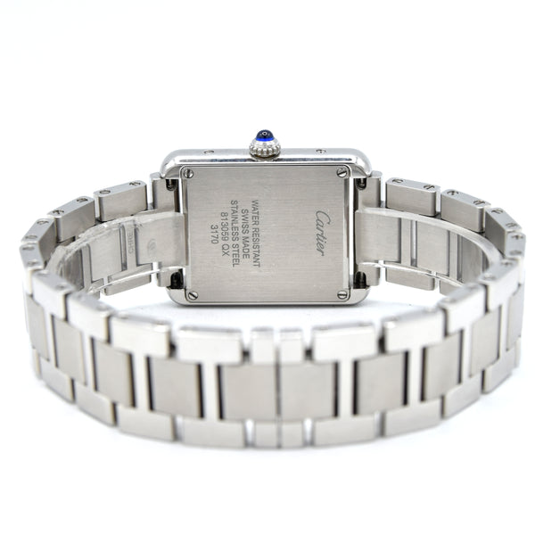 2010 Cartier Tank Solo 3170 Stainless Steel Quartz unisex Watch on Bracelet – White Roman Dial, Blue Hands, Cabochon Crown