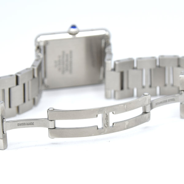 2010 Cartier Tank Solo 3170 Stainless Steel Quartz unisex Watch on Bracelet – White Roman Dial, Blue Hands, Cabochon Crown