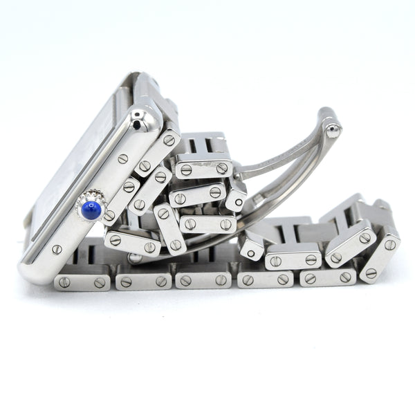 2010 Cartier Tank Solo 3170 Stainless Steel Quartz unisex Watch on Bracelet – White Roman Dial, Blue Hands, Cabochon Crown