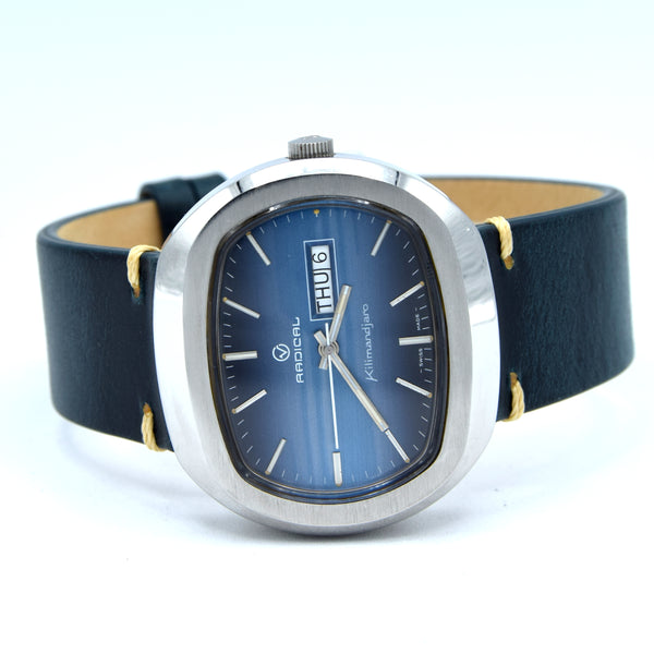 1970s Radical Kilimandjaro Blue 'Holographic 3D dial' Day Date automatic watch in Stainless Steel NOS