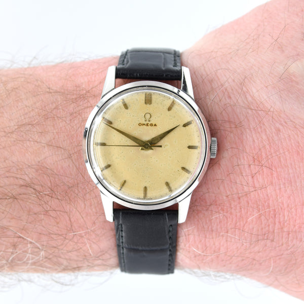 1952 Omega Ref. 2496 Steel Manual Wind Watch – Cal. 283 – Original Eggshell Patina Dial, Facet Lugs & Signed Crown