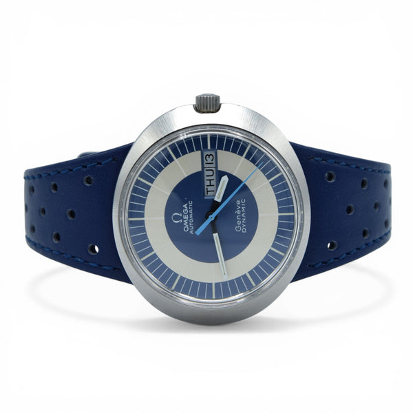 1969 Omega Geneve Dynamic Model 166.079 Automatic Day Date with Two Tone Silver and Blue Bullseye Dial