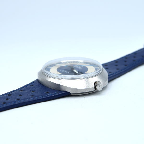 1969 Omega Geneve Dynamic Model 166.079 Automatic Day Date with Two Tone Silver and Blue Bullseye Dial