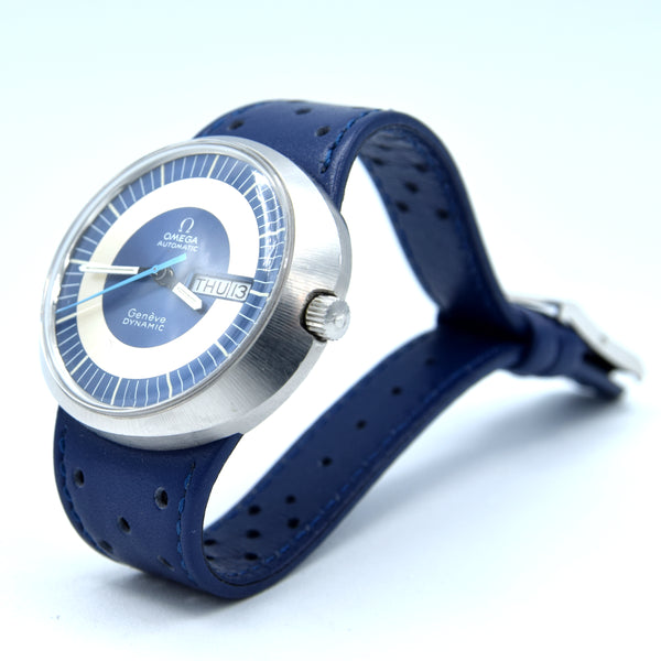 1969 Omega Geneve Dynamic Model 166.079 Automatic Day Date with Two Tone Silver and Blue Bullseye Dial