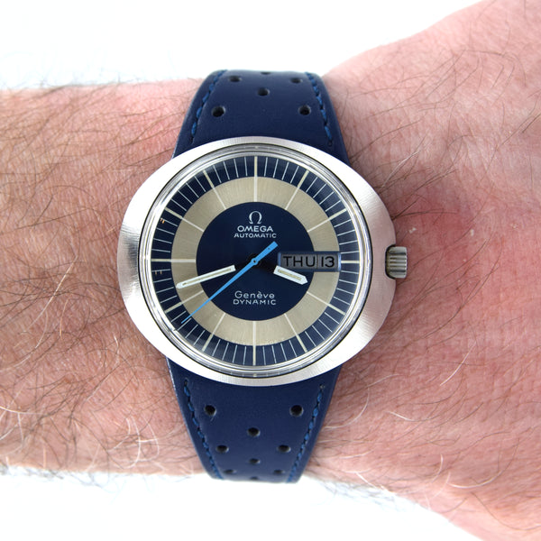 1969 Omega Geneve Dynamic Model 166.079 Automatic Day Date with Two Tone Silver and Blue Bullseye Dial