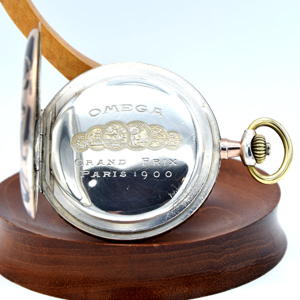 1910 Omega Full Hunter Pocket Watch – Niello Silver & Gold Case, Grand Prix Paris 1900 Medals