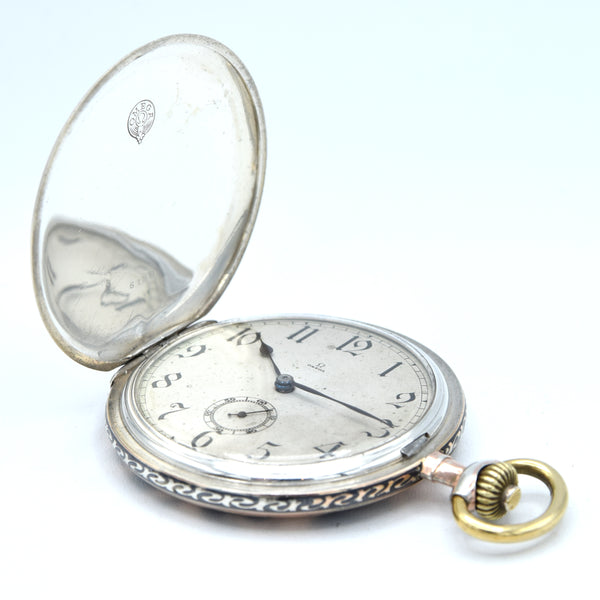 1910 Omega Full Hunter Pocket Watch – Niello Silver & Gold Case, Grand Prix Paris 1900 Medals