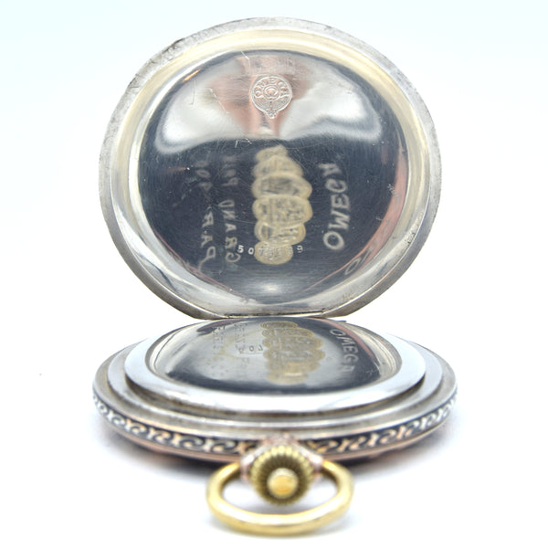 1910 Omega Full Hunter Pocket Watch – Niello Silver & Gold Case, Grand Prix Paris 1900 Medals