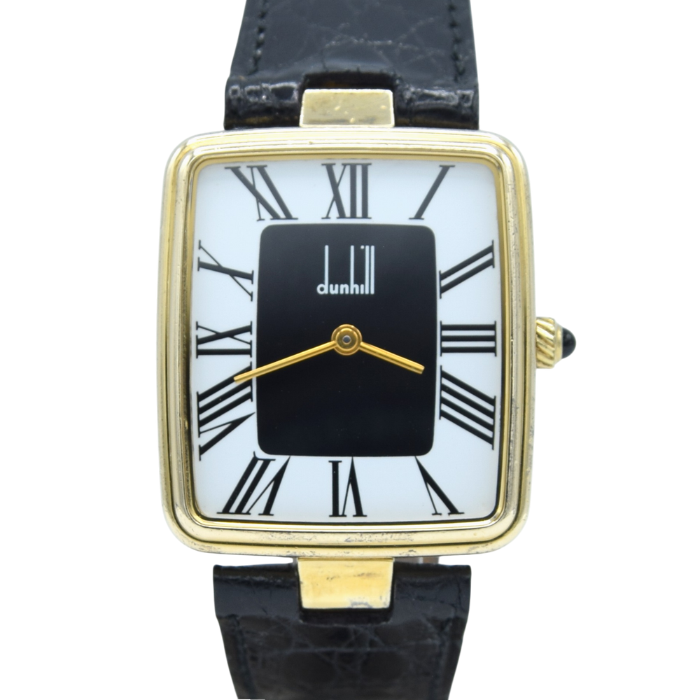 1980 Alfred Dunhill Sterling Silver (925) Gilt Rectangular Swiss Quartz Wristwatch – Roman Dial, Cabochon Crown, Hallmarked Buckle