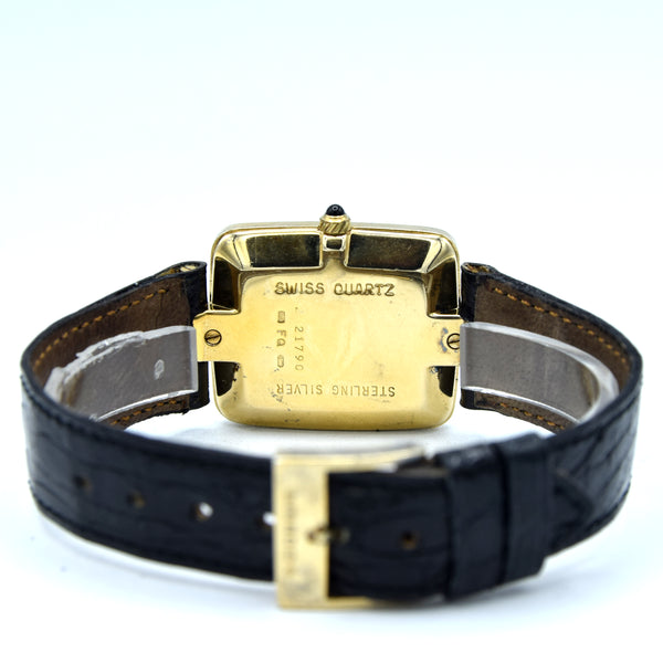 1980 Alfred Dunhill Sterling Silver (925) Gilt Rectangular Swiss Quartz Wristwatch – Roman Dial, Cabochon Crown, Hallmarked Buckle