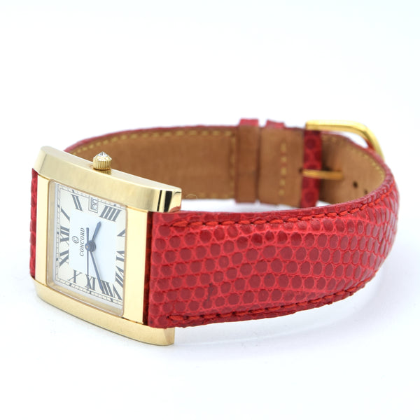 1990s Concord Tank Style Solid 14k Gold Swiss unisex Wristwatch – Unused Condition – Cartier Inspired Dress Watch
