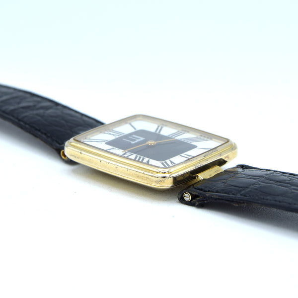 1980 Alfred Dunhill Sterling Silver (925) Gilt Rectangular Swiss Quartz Wristwatch – Roman Dial, Cabochon Crown, Hallmarked Buckle