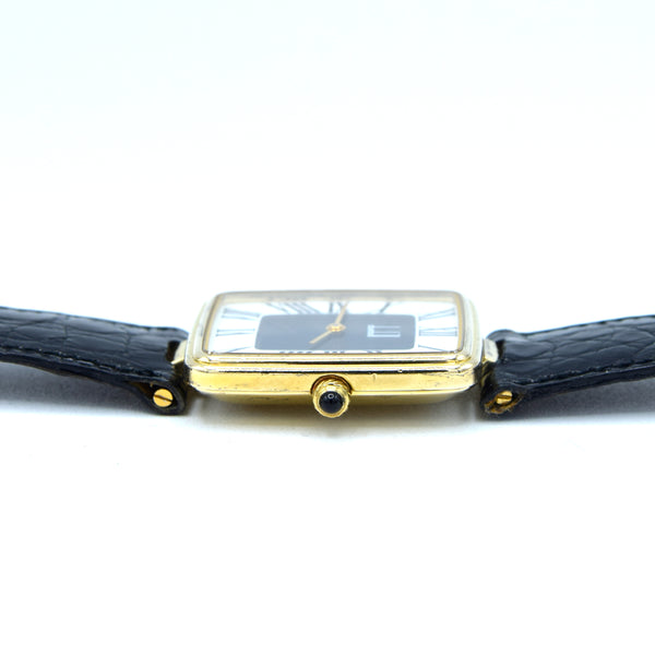 1980 Alfred Dunhill Sterling Silver (925) Gilt Rectangular Swiss Quartz Wristwatch – Roman Dial, Cabochon Crown, Hallmarked Buckle