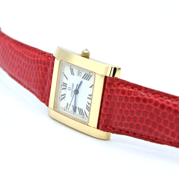 1990s Concord Tank Style Solid 14k Gold Swiss unisex Wristwatch – Unused Condition – Cartier Inspired Dress Watch