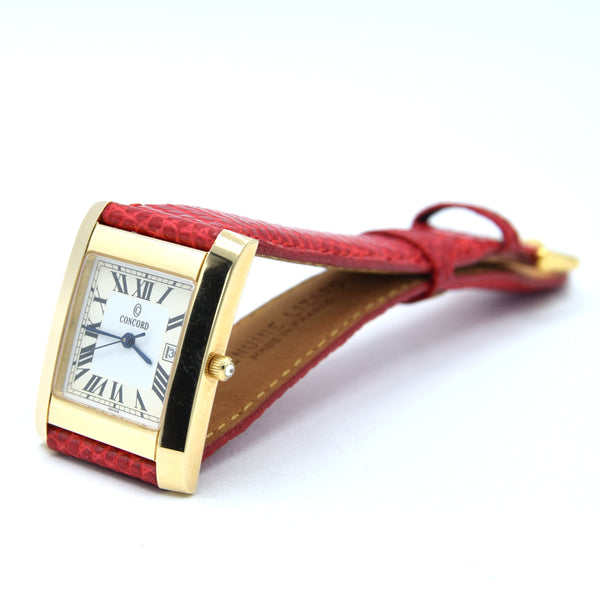 1990s Concord Tank Style Solid 14k Gold Swiss unisex Wristwatch – Unused Condition – Cartier Inspired Dress Watch