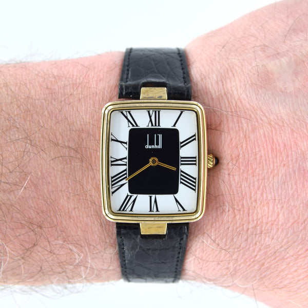 1980 Alfred Dunhill Sterling Silver (925) Gilt Rectangular Swiss Quartz Wristwatch – Roman Dial, Cabochon Crown, Hallmarked Buckle