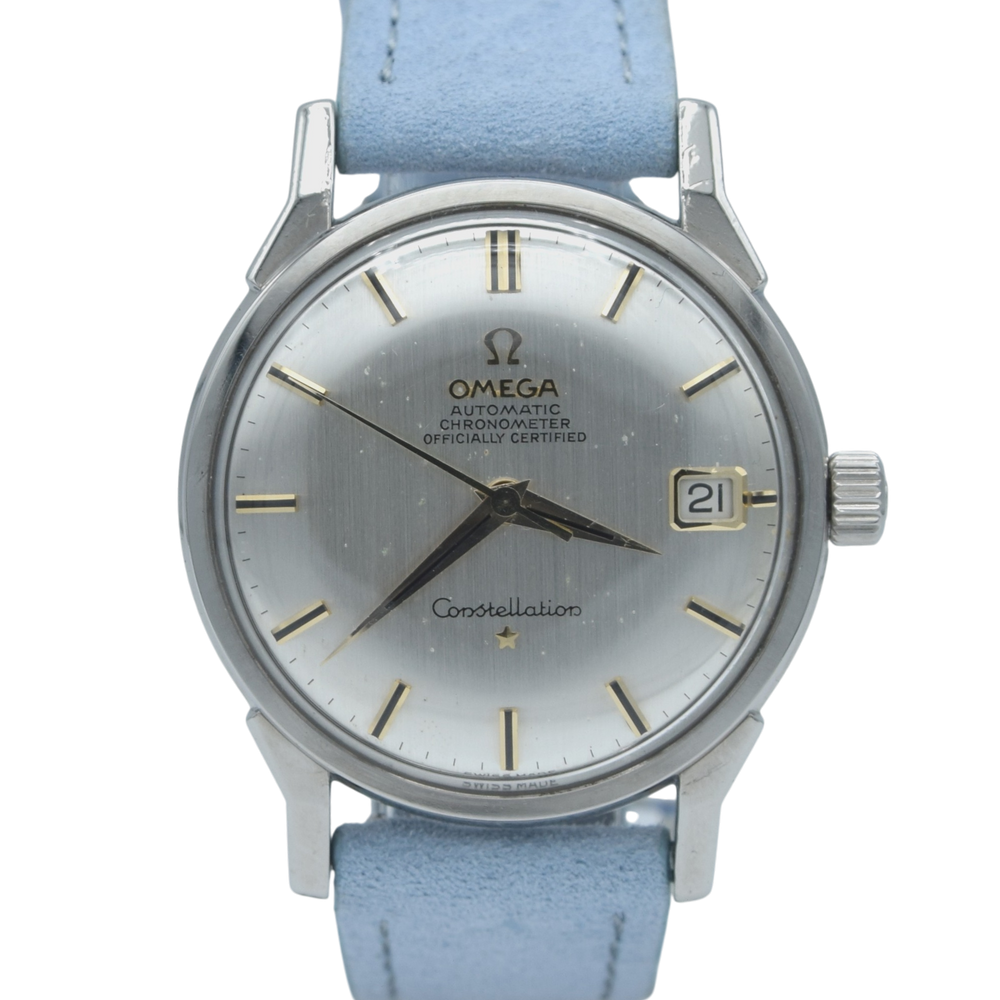 1963 Omega Sharp Constellation Date 168.005 Automatic Chronometer onyx batons - steel + Dog Leg Lugs