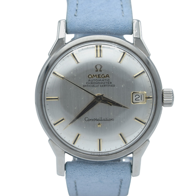 1963 Omega Sharp Constellation Date 168.005 Automatic Chronometer onyx batons - steel + Dog Leg Lugs