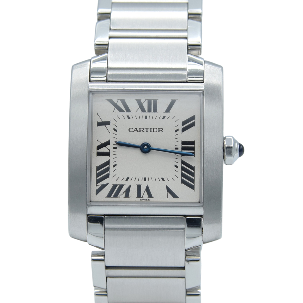 2000s Cartier Tank Française 2301 Stainless Steel Swiss Quartz Mid-Size Watch on Bracelet – White Roman Dial, Blue Hands, Cabochon Crown