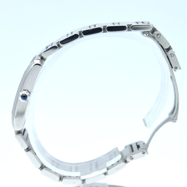 2000s Cartier Tank Française 2301 Stainless Steel Swiss Quartz Mid-Size Watch on Bracelet – White Roman Dial, Blue Hands, Cabochon Crown