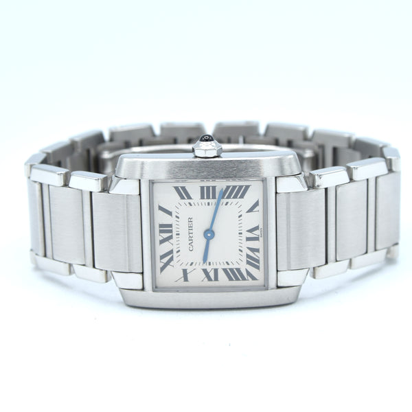 2000s Cartier Tank Française 2301 Stainless Steel Swiss Quartz Mid-Size Watch on Bracelet – White Roman Dial, Blue Hands, Cabochon Crown