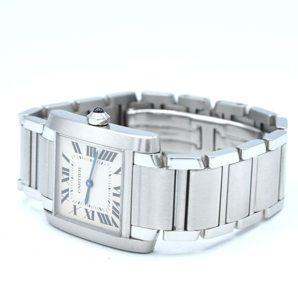 2000s Cartier Tank Française 2301 Stainless Steel Swiss Quartz Mid-Size Watch on Bracelet – White Roman Dial, Blue Hands, Cabochon Crown