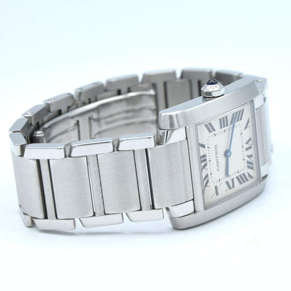 2000s Cartier Tank Française 2301 Stainless Steel Swiss Quartz Mid-Size Watch on Bracelet – White Roman Dial, Blue Hands, Cabochon Crown