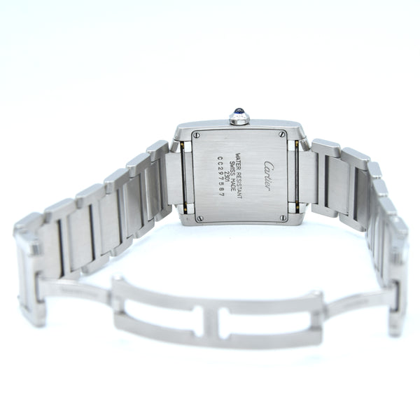 2000s Cartier Tank Française 2301 Stainless Steel Swiss Quartz Mid-Size Watch on Bracelet – White Roman Dial, Blue Hands, Cabochon Crown