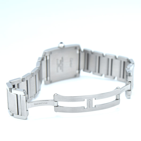 2000s Cartier Tank Française 2301 Stainless Steel Swiss Quartz Mid-Size Watch on Bracelet – White Roman Dial, Blue Hands, Cabochon Crown