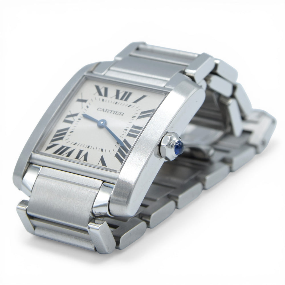 2000s Cartier Tank Française 2301 Stainless Steel Swiss Quartz Mid-Size Watch on Bracelet – White Roman Dial, Blue Hands, Cabochon Crown