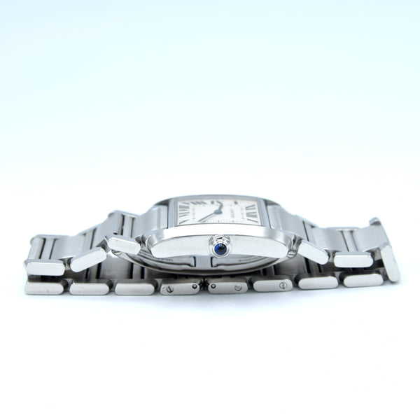 2000s Cartier Tank Française 2301 Stainless Steel Swiss Quartz Mid-Size Watch on Bracelet – White Roman Dial, Blue Hands, Cabochon Crown