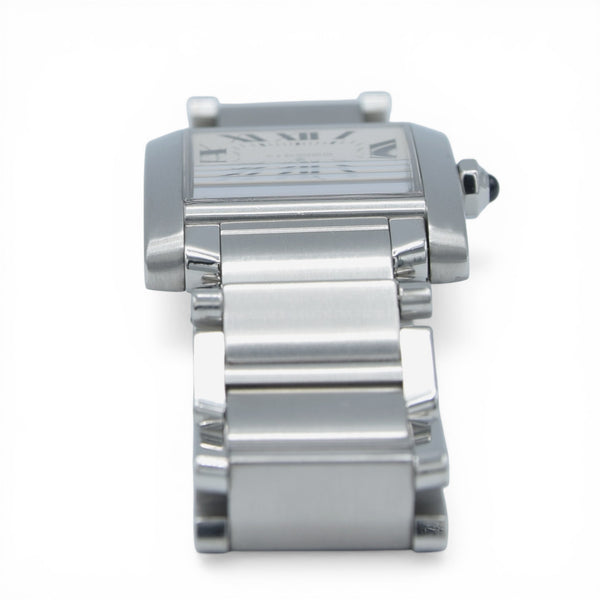2000s Cartier Tank Française 2301 Stainless Steel Swiss Quartz Mid-Size Watch on Bracelet – White Roman Dial, Blue Hands, Cabochon Crown