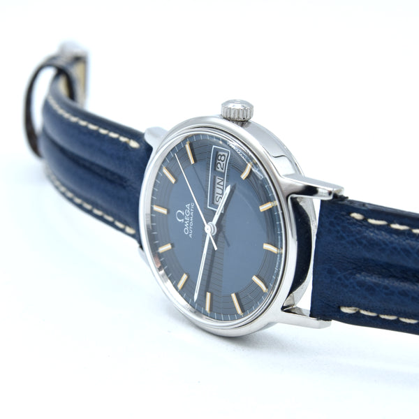 1972 Omega Rare navy Blue 'Barcode Dial' Automatic Day/Date in Stainless Steel Model 166.0117