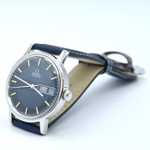 1972 Omega Rare navy Blue 'Barcode Dial' Automatic Day/Date in Stainless Steel Model 166.0117
