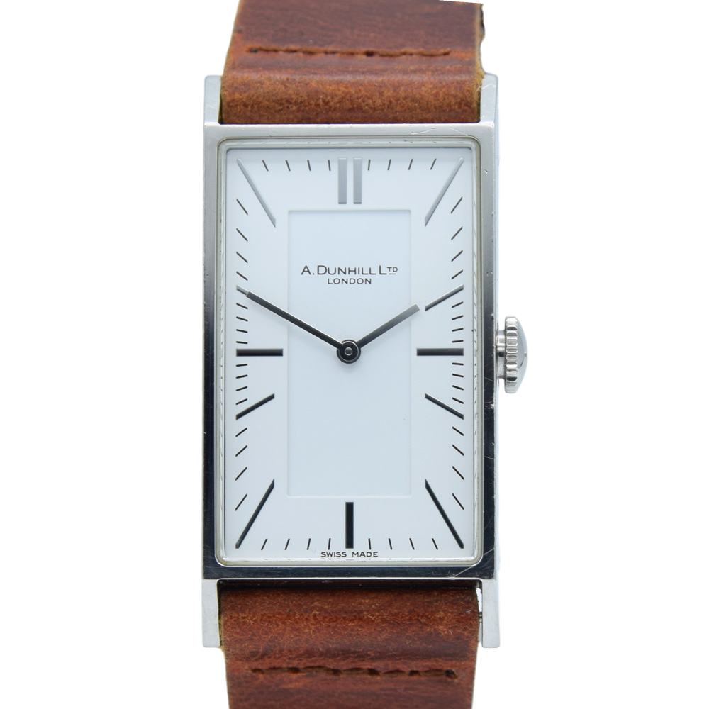 1990s Dunhill Wafer Ref. 8036 Stainless Steel Swiss Quartz Rectangular larger slim Dress Watch – White Dial on Leather Strap