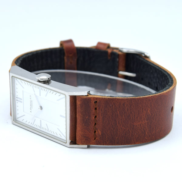 1990s Dunhill Wafer Ref. 8036 Stainless Steel Swiss Quartz Rectangular larger slim Dress Watch – White Dial on Leather Strap