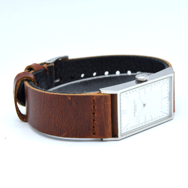 1990s Dunhill Wafer Ref. 8036 Stainless Steel Swiss Quartz Rectangular larger slim Dress Watch – White Dial on Leather Strap