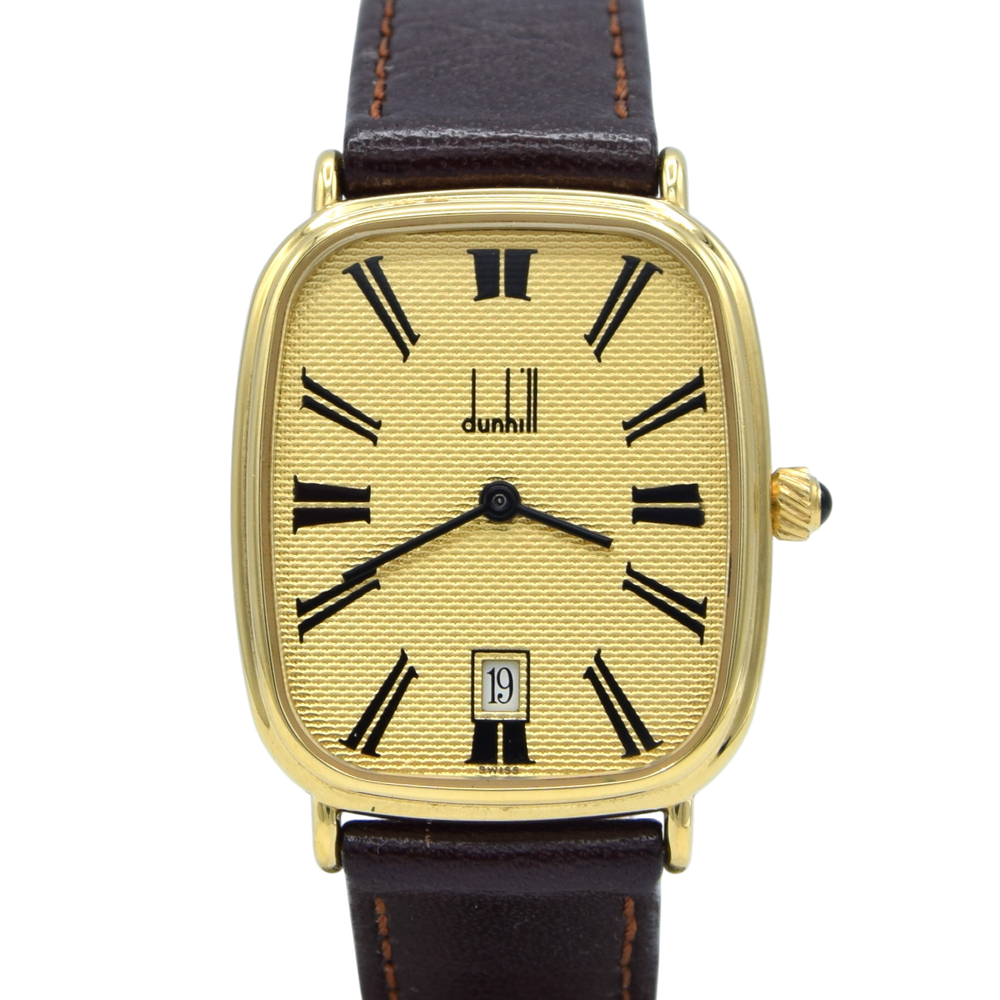 1980 Alfred Dunhill Guilloché / hobnail dial texture Gilt Rectangular Swiss Quartz Wristwatch – Roman Dial, Cabochon Crown
