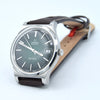Omega Automatic wristwatch with a silver stainless steel case, dark gray dial, and brown leather strap, shown on a light gray background.