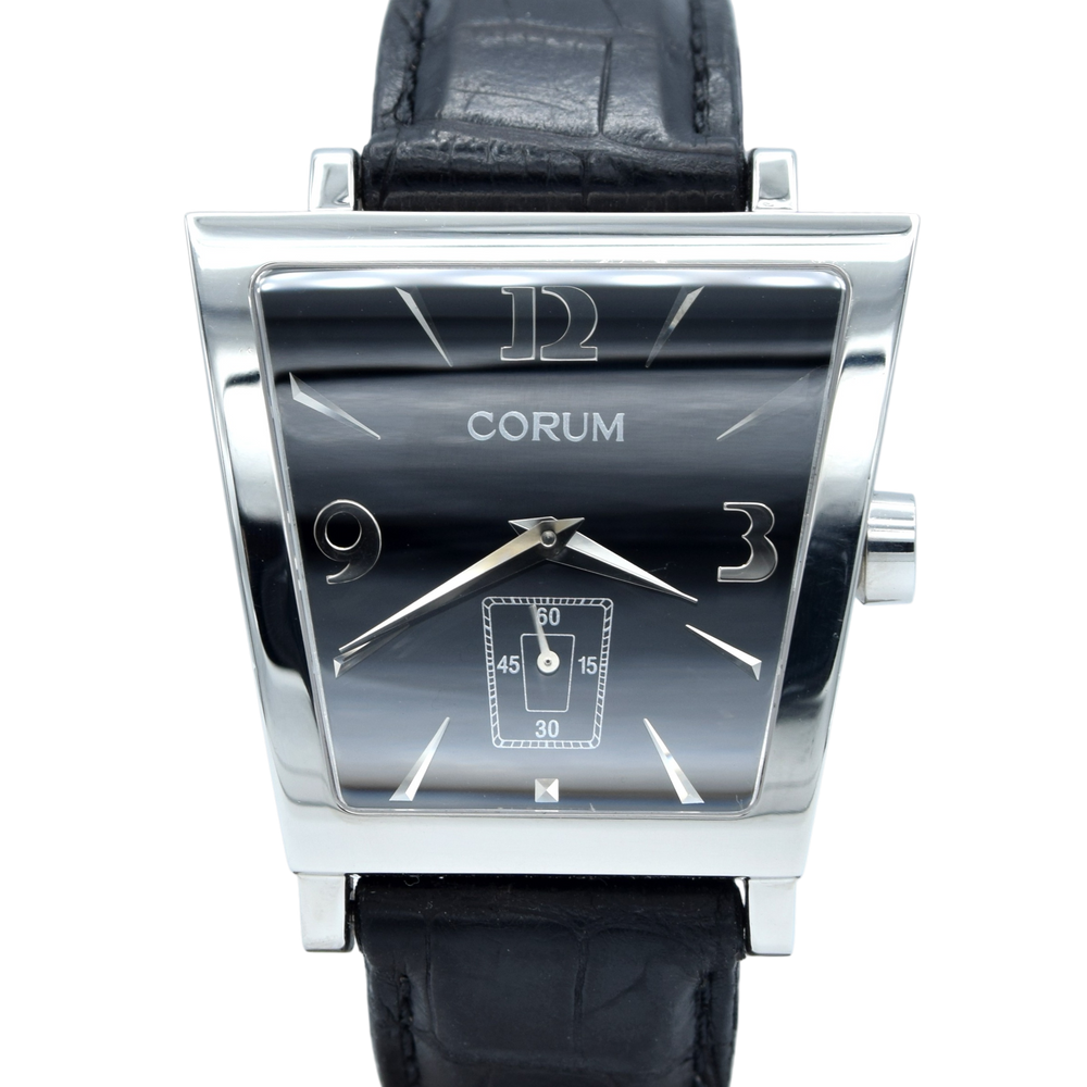 Corum Trapeze Gents ref. 106.404.20 stainless steel quartz watch, black dial, original strap & buckle