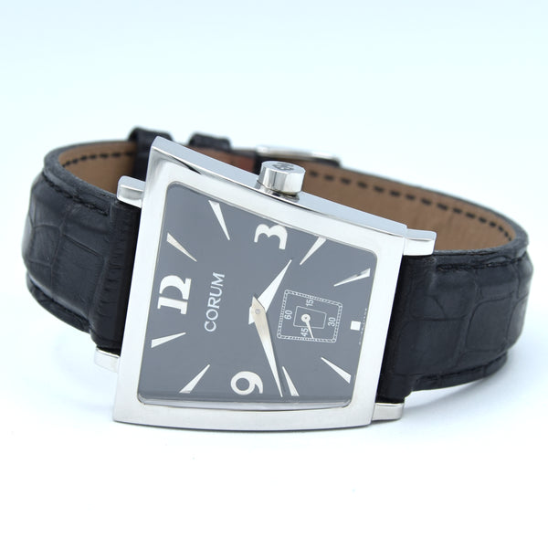 Corum Trapeze Gents ref. 106.404.20 stainless steel quartz watch, black dial, original strap & buckle