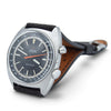 Omega Seamaster wristwatch with a silver-tone case, dark gray dial, orange second hand, and a brown leather strap, shown on a white background.