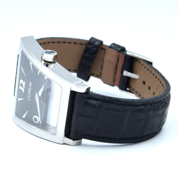 Corum Trapeze Gents ref. 106.404.20 stainless steel quartz watch, black dial, original strap & buckle