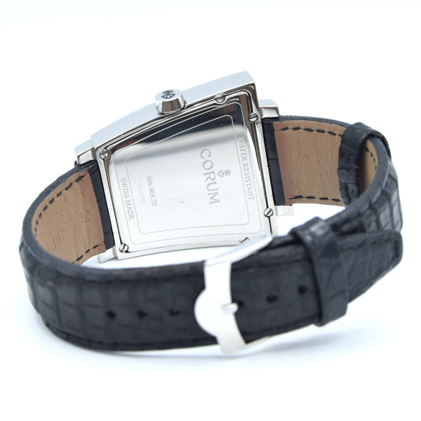Corum Trapeze Gents ref. 106.404.20 stainless steel quartz watch, black dial, original strap & buckle