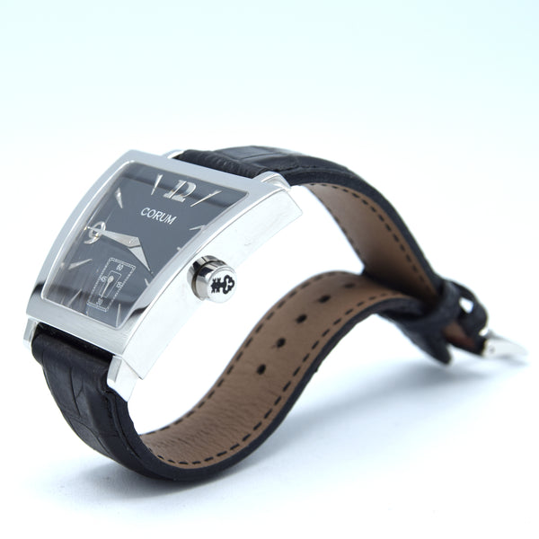 Corum Trapeze Gents ref. 106.404.20 stainless steel quartz watch, black dial, original strap & buckle