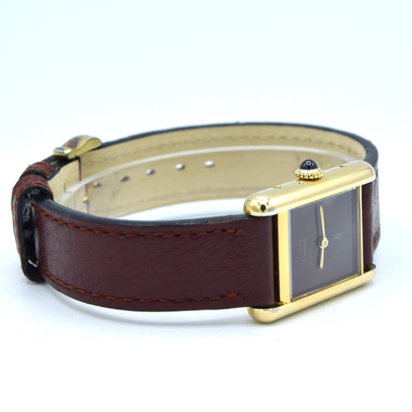 1983/84 Cartier Ladies Tank Mechanical with Unique Burgundy Red / Brown Patina Dial in 925 Sterling Silver Gilt