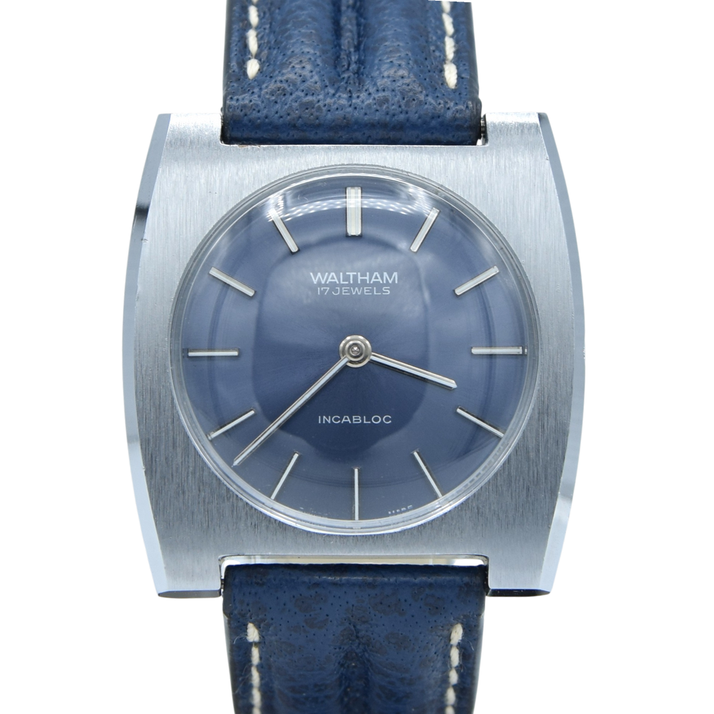 1970s Waltham steel manual-wind retro sleek dress watch with blue dial on blue strap